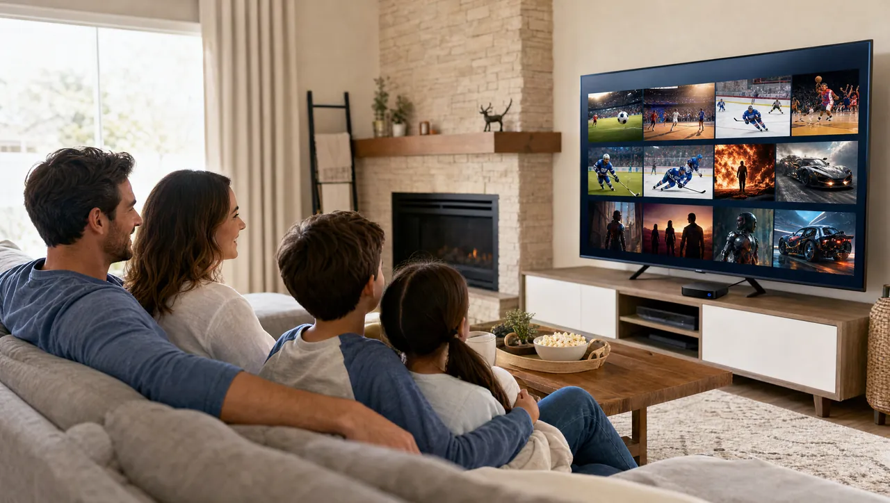 Canadian family watching the best IPTV in Canada on a 4K smart TV with an IPTV box