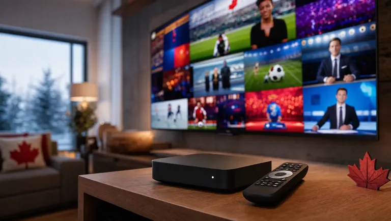 Pre-activated IPTV box and 4K smart TV in a Canadian living room — the best IPTV Canada bundle