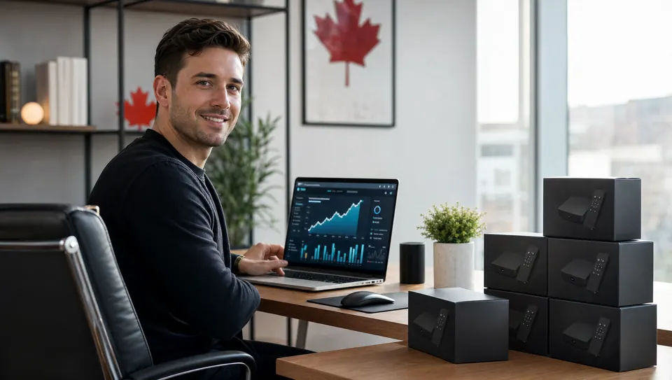IPTV reseller Canada — entrepreneur managing an IPTV provider business with boxed Android IPTV boxes ready to ship